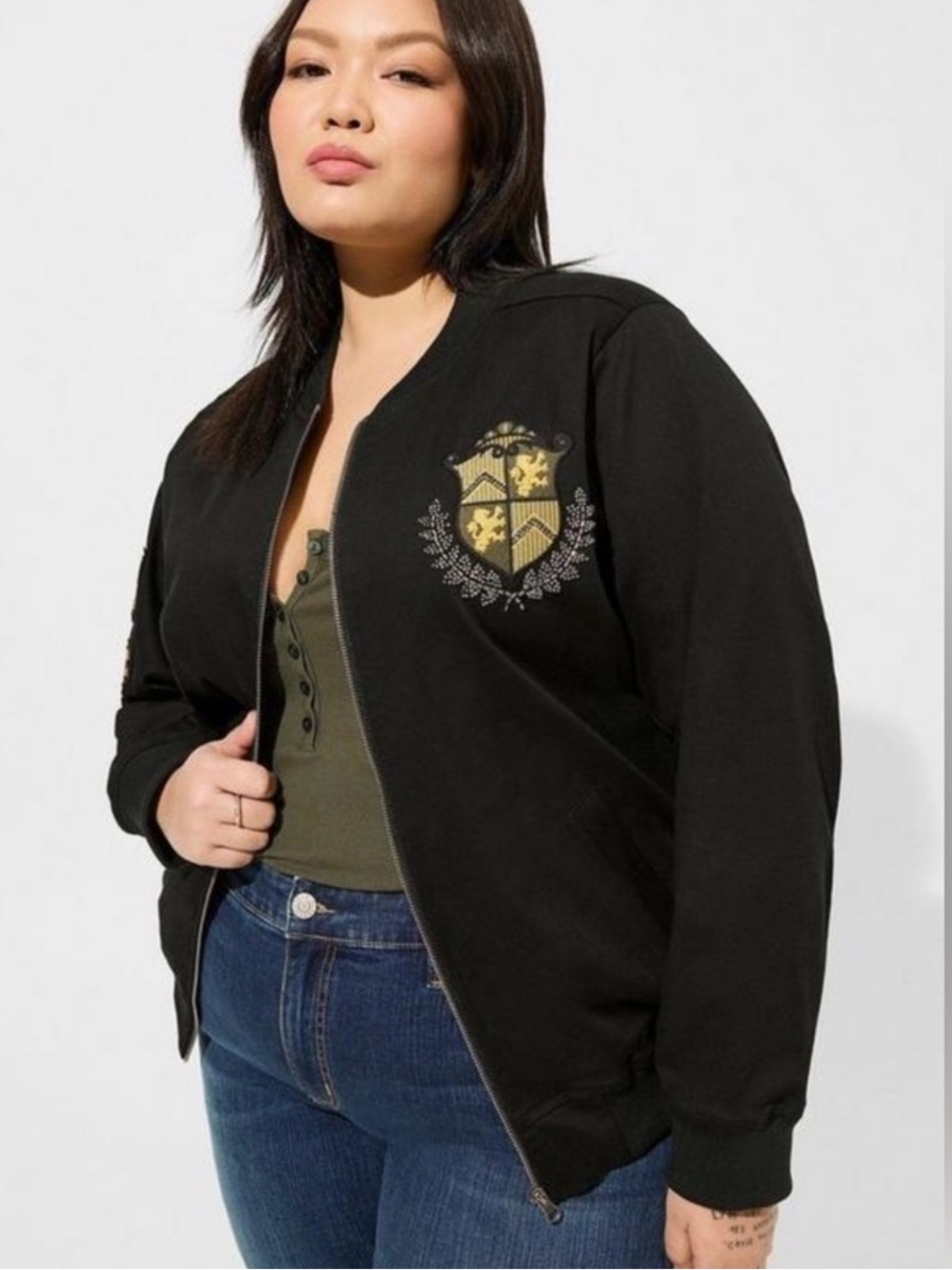 torrid Black Bomber Jacket with Gold Crest Embroidery
